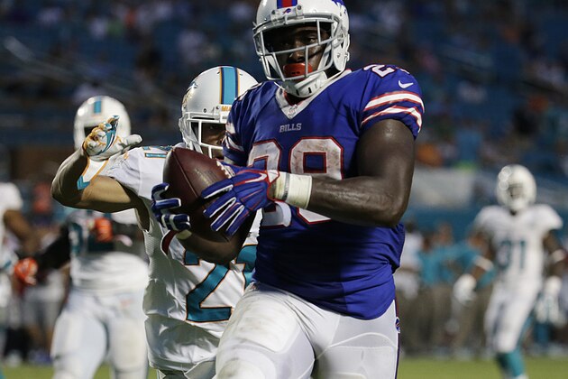 Buffalo Bills running back Karlos Williams (29) runs for a touchdown during the second half of an NFL football game against the Miami Dolphins Sunday, Sept. 27, 2015 in Miami Gardens, Fla. (AP Photo/Lynne Sladky)