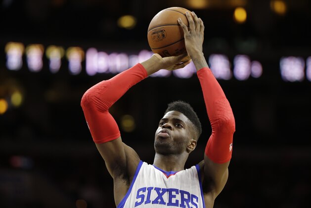 Philadelphia 76ers' Nerlens Noel in action during an NBA basketball game against the Los Angeles Lakers, Monday, March 30, 2015, in Philadelphia. (AP Photo/Matt Slocum)