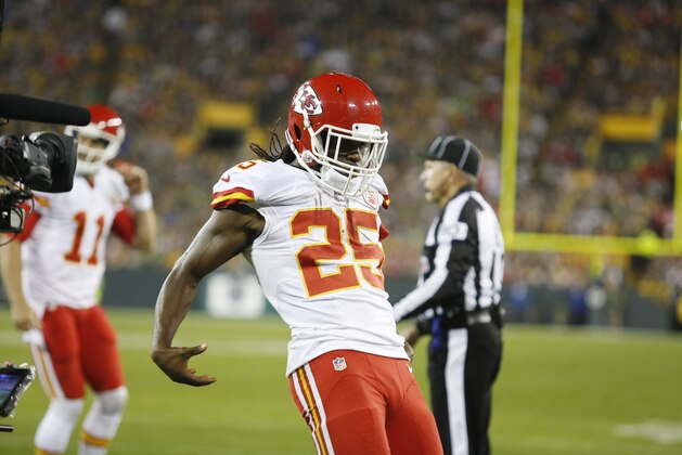 Kansas City Chiefs' Jamaal Charles celebrates a touchdown run during the first half of an NFL football game against the Green Bay Packers Monday, Sept. 28, 2015, in Green Bay, Wis. (AP Photo/Matt Ludtke)