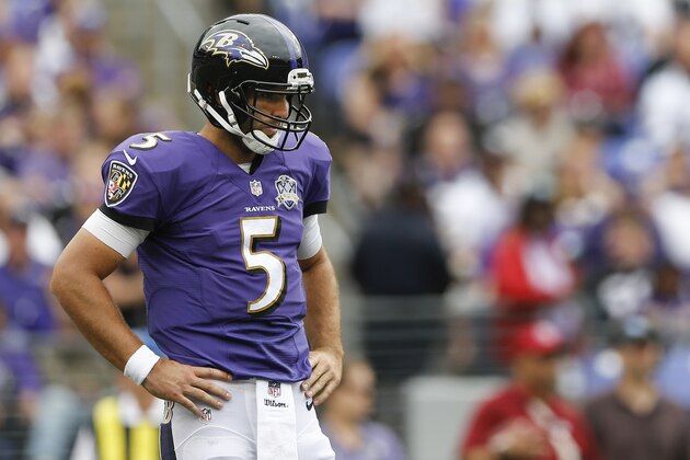 Baltimore Ravens quarterback Joe Flacco (5) stands with his hands on his hips during the second half of an NFL football game against the Cincinnati Bengals in Baltimore, Sunday, Sept. 27, 2015. The Bengals defeated the Ravens 28-24. (AP Photo/Patrick Semansky)