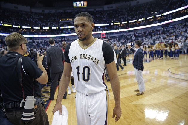 New Orleans Pelicans guard Eric Gordon (10) walks off the court after Game 4 of a first-round NBA basketball playoff series against the Golden State Warriors in New Orleans, Saturday, April 25, 2015. The Warriors won 109-98 to sweep the series.  (AP Photo/Gerald Herbert)
