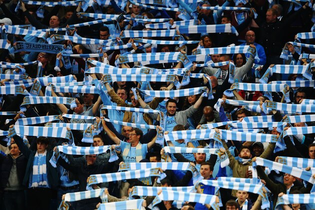 MANCHESTER, ENGLAND - SEPTEMBER 15:  Manchester City fans show their support during the  UEFA Champions League Group D match between Manchester City FC and Juventus at the Etihad Stadium on September 15, 2015 in Manchester, United Kingdom.  (Photo by Alex Livesey/Getty Images)