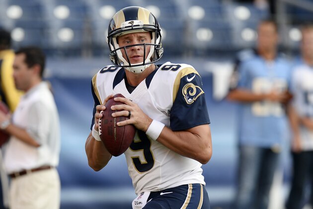 St. Louis Rams quarterback Austin Davis (9) warms up before a preseason NFL football game Sunday, Aug. 23, 2015, in Nashville, Tenn. (AP Photo/Mark Zaleski)