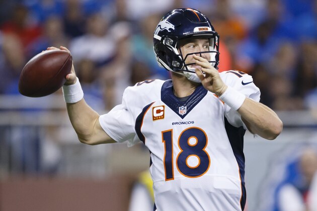 Denver Broncos quarterback Peyton Manning (18) passes against the Detroit Lions during an NFL football game at Ford Field in Detroit, Sunday, Sept. 27, 2015. (AP Photo/Rick Osentoski)