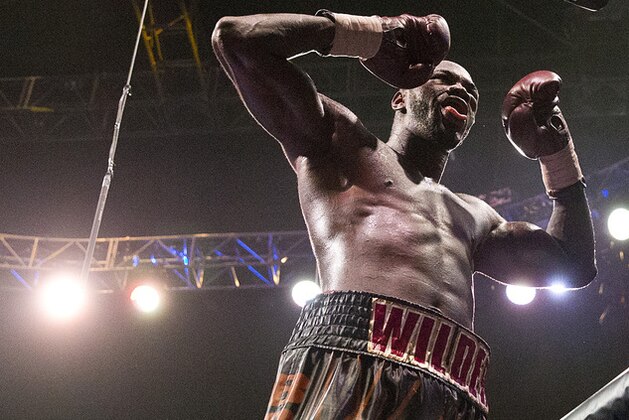 Heavyweight boxer Deontay Wilder cheers after defeating Johann Duhaupas, of France, in the eleventh round during a WBC heavyweight title boxing match, Saturday, Sept. 26, 2015, in Birmingham, Ala. Wilder won after a TKO decision. (AP Photo/Brynn Anderson)
