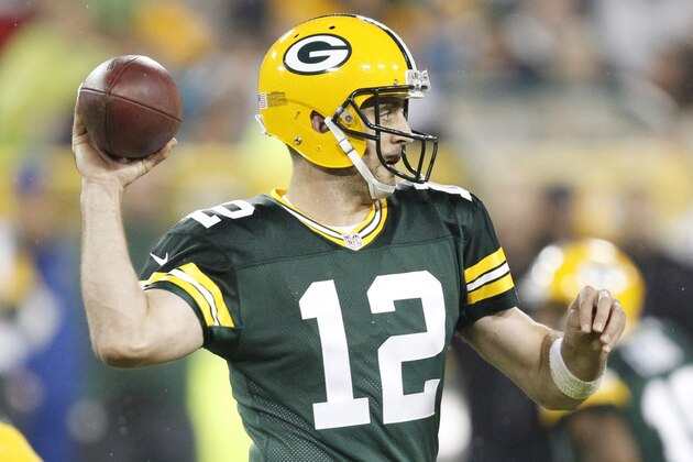 Green Bay Packers' Aaron Rodgers during the first half of an NFL football game against the Kansas City Chiefs Monday, Sept. 28, 2015, in Green Bay, Wis. (AP Photo/Matt Ludtke)