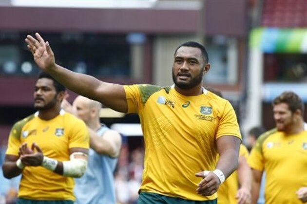 Australia's Sekope Kepu acknowledges the crowd after their 65-3 win in the Rugby World Cup Pool A match between Australia and Uruguay at Villa Park, Birmingham, England, Sunday, Sept. 27, 2015. (AP Photo/Martin Cleaver)