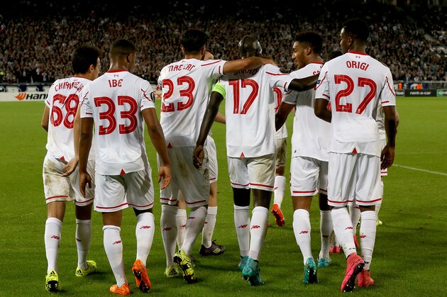 BORDEAUX, FRANCE - SEPTEMBER 17: (L-R) Pedro Chirivella, Jordan Ibe, Emre Can, Mamadou Sakho, Joe Gomez and Divock Origi after the goal of Adam Lallana for Liverpool FC during the Europa League game between FC Girondins de Bordeaux and Liverpool FC at Matmut Atlantique Stadium on September 17, 2015 in Bordeaux, France.  (Photo by Romain Perrocheau/Getty Images)