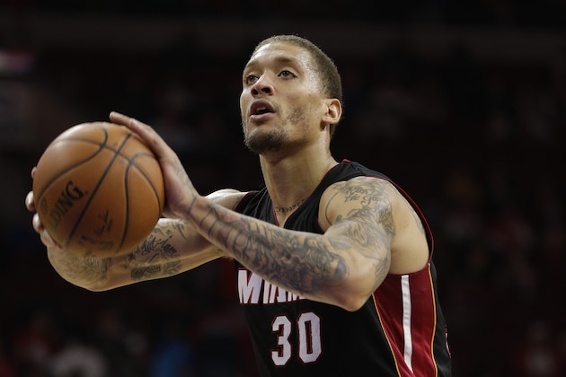 Miami Heat's Michael Beasley in action during an NBA basketball game against the Philadelphia 76ers, Wednesday, April 15, 2015, in Philadelphia. (AP Photo/Matt Slocum)