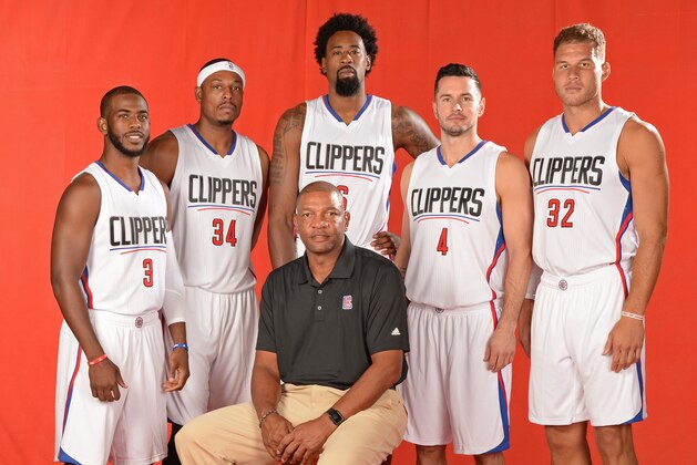 PLAYA VISTA, CA - SEPTEMBER 25:  Chris Paul #3, Paul Pierce #34, DeAndre Jordan #6, J.J. Redick #4 Blake Griffin #32 and Doc Rivers of the Los Angeles Clippers pose for a portrait during media day at the Los Angeles Clippers Training Center on September 25, 2015 in Playa Vista, California. NOTE TO USER: User expressly acknowledges and agrees that, by downloading and/or using this Photograph, user is consenting to the terms and conditions of the Getty Images License Agreement. Mandatory Copyright Notice: Copyright 2015 NBAE (Photo by Andrew D. Bernstein/NBAE via Getty Images)