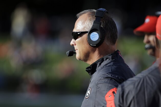 Georgia head coach Mark Richt watches the action from the sideline in the second half of an NCAA college football game against Vanderbilt Saturday, Sept. 12, 2015, in Nashville, Tenn. Georgia won 31-14. (AP Photo/Mark Humphrey)
