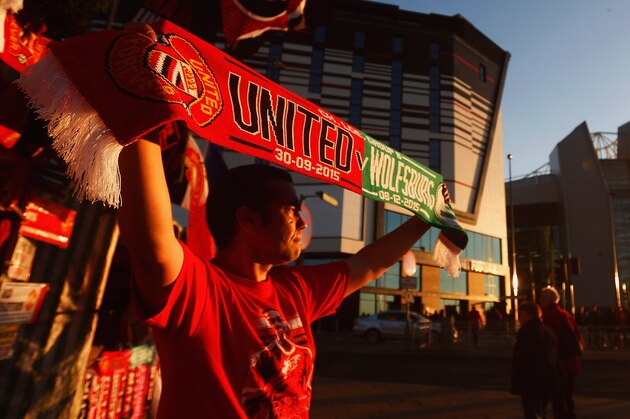 MANCHESTER, ENGLAND - SEPTEMBER 30:  Merchandise for sale prior to the UEFA Champions League Group B match between Manchester United FC and VfL Wolfsburg at Old Trafford on September 30, 2015 in Manchester, United Kingdom.  (Photo by Dean Mouhtaropoulos/Getty Images)