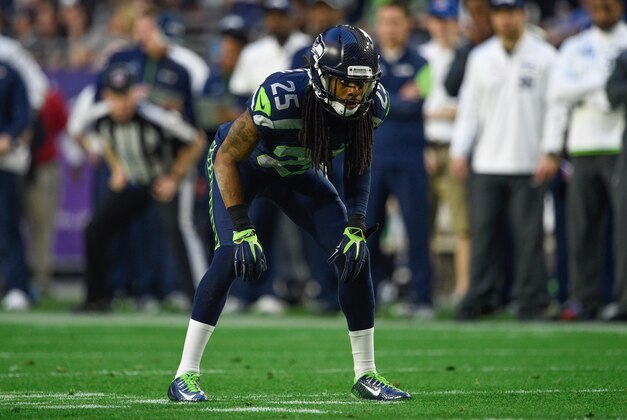 Feb 1, 2015; Glendale, AZ, USA; Seattle Seahawks cornerback Richard Sherman (25) during Super Bowl XLIX against the New England Patriots at University of Phoenix Stadium. The Patriots defeated the Seahawks 28-24. Mandatory Credit: Kyle Terada-USA TODAY Sports