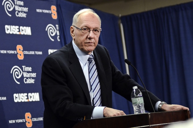Syracuse coach Jim Boeheim listens during a news conference Thursday, March 19, 2015, in Syracuse, N.Y. In an hour-long press conference on Thursday ahead of top teams starting in the NCAA Tournament, Boeheim said that 2018 is the