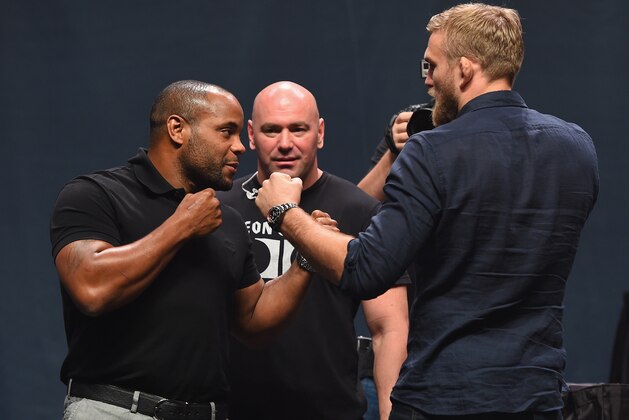 LAS VEGAS, NV - SEPTEMBER 04:  (L-R) UFC light heavyweight champion Daniel Cormier and Alex Gustafsson face off during the UFC's Go Big launch event inside MGM Grand Garden Arena on September 4, 2015 in Las Vegas, Nevada.  (Photo by Josh Hedges/Zuffa LLC/Zuffa LLC via Getty Images)