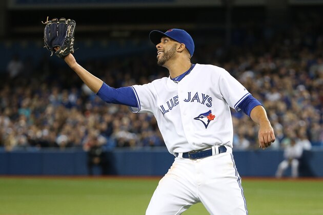TORONTO, CANADA - SEPTEMBER 21: David Price #14 of the Toronto Blue Jays catches an infield pop up as he is surprised not to have been called off by his infielders in the sixth inning during MLB game action against the New York Yankees on September 21, 2015 at Rogers Centre in Toronto, Ontario, Canada. (Photo by Tom Szczerbowski/Getty Images) TORONTO, CANADA - SEPTEMBER 21: David Price #14 of the Toronto Blue Jays catches an infield pop up as he is surprised not to have been called off by his infielders in the sixth inning during MLB game action against the New York Yankees on September 21, 2015 at Rogers Centre in Toronto, Ontario, Canada. (Photo by Tom Szczerbowski/Getty Images)