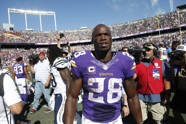 Minnesota Vikings running back Adrian Peterson (28) following an NFL football game against the San Diego Chargers in Minneapolis, Sunday, Sept. 27, 2015. The Vikings defeated the Chargers 31-14. (AP Photo/Jim Mone)