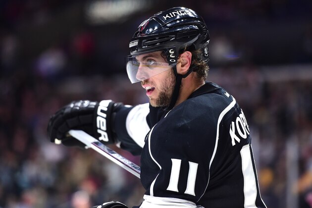 LOS ANGELES, CA - SEPTEMBER 22:  Anze Kopitar #11 of the Los Angeles Kings reacts to a missed chance during a preseason game against the Arizona Coyotes at Staples Center on September 22, 2015 in Los Angeles, California.  (Photo by Harry How/Getty Images)