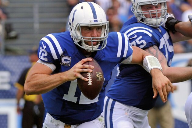 NASHVILLE, TN - SEPTEMBER 27:  Quarterback Andrew Luck #12 of the Indianapolis Colts plays against the Tennessee Titans at Nissan Stadium on September 27, 2015 in Nashville, Tennessee.  (Photo by Frederick Breedon/Getty Images)