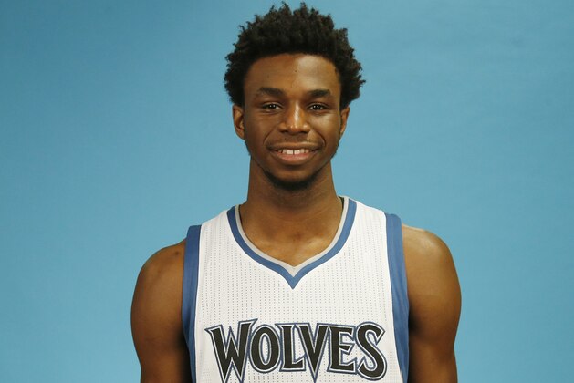 Minnesota Timberwolves' Andrew Wiggins poses for the NBA basketball team's media day, Monday, Sept. 28, 2015, in Minneapolis.  (AP Photo/Jim Mone)