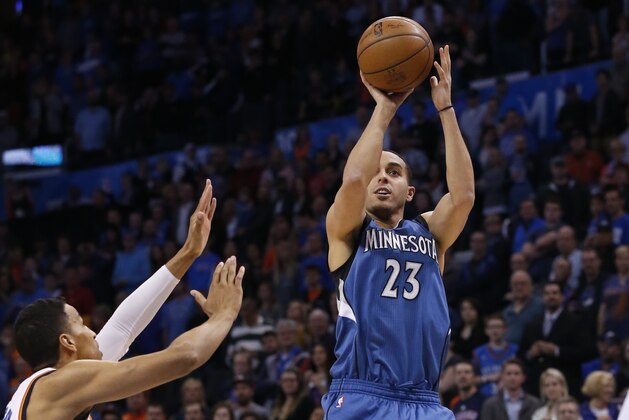 Minnesota Timberwolves guard Kevin Martin (23) shoots over Oklahoma City Thunder guard Andre Roberson, left, during the first quarter of an NBA basketball game in Oklahoma City, Friday, March 13, 2015. Oklahoma City won 113-99. (AP Photo/Sue Ogrocki)