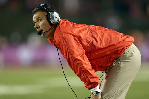 BLOOMINGTON, IN - OCTOBER 13:  Urban Meyer the head coach of the Ohio State Buckeyes watches the action during the game against the Indiana Hoosiers at Memorial Stadium on October 13, 2012 in Bloomington, Indiana.  (Photo by Andy Lyons/Getty Images)