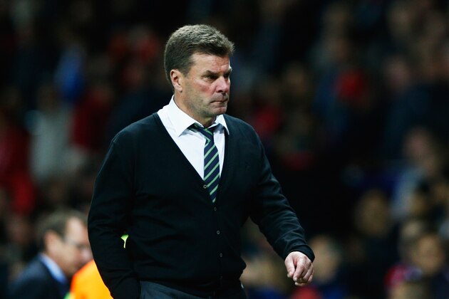 MANCHESTER, ENGLAND - SEPTEMBER 30:  Dieter Hecking head coach of VfL Wolfsburg looks dejected after defeat in the UEFA Champions League Group B match between Manchester United FC and VfL Wolfsburg at Old Trafford on September 30, 2015 in Manchester, United Kingdom.  (Photo by Dean Mouhtaropoulos/Getty Images)