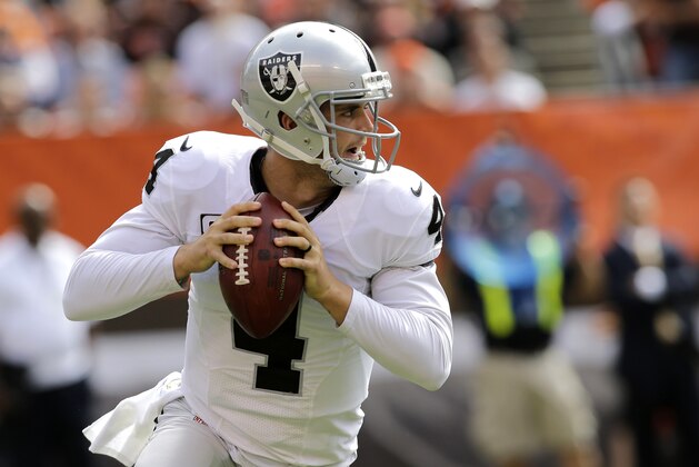 Oakland Raiders quarterback Derek Carr looks to pass during an NFL football game against the Cleveland Browns Sunday, Sept. 27, 2015, in Cleveland. Oakland won 27-20.(AP Photo/Aaron Josefczyk)
