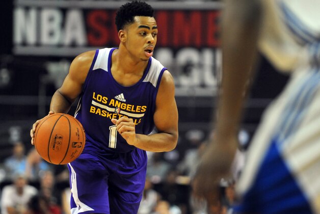 Jul 13, 2015; Las Vegas, NV, USA; Los Angeles Lakers guard D'Angelo Russell (1) dribbles the ball during an NBA Summer League game against the Knicks at Thomas & Mack Center. The Knicks won 76-66. Mandatory Credit: Stephen R. Sylvanie-USA TODAY Sports