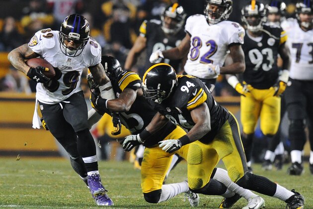 Baltimore Ravens wide receiver Steve Smith (89) tries to get away from Pittsburgh Steelers inside linebacker Lawrence Timmons (94) after making a catch in the fourth quarter of an NFL wildcard playoff football game, Saturday, Jan. 3, 2015, in Pittsburgh. (AP Photo/Don Wright)