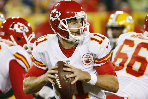 Kansas City Chiefs' Alex Smith during the first half of an NFL football game against the Green Bay Packers Monday, Sept. 28, 2015, in Green Bay, Wis. (AP Photo/Mike Roemer)