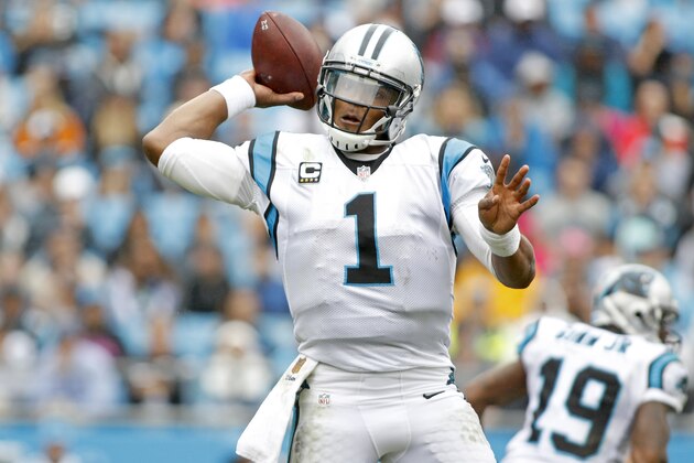 Carolina Panthers' Cam Newton (1) throws a pass against the new Orleans Saints during the second half of an NFL football game in Charlotte, N.C., Sunday, Sept. 27, 2015. The Panthers won 27-22. (AP Photo/Bob Leverone)