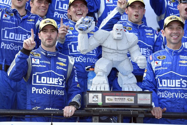 Jimmie Johnson, left, poses with the trophy in Victory Lane after he won the NASCAR Sprint Cup series auto race, Sunday, May 31, 2015, at Dover International Speedway in Dover, Del. (AP Photo/Nick Wass)