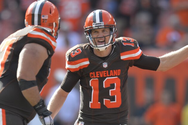 Cleveland Browns quarterback Josh McCown (13) calls a play during an NFL football game against the Oakland Raiders Sunday, Sept. 27, 2015, in Cleveland. Oakland won 27-20. (AP Photo/David Richard)
