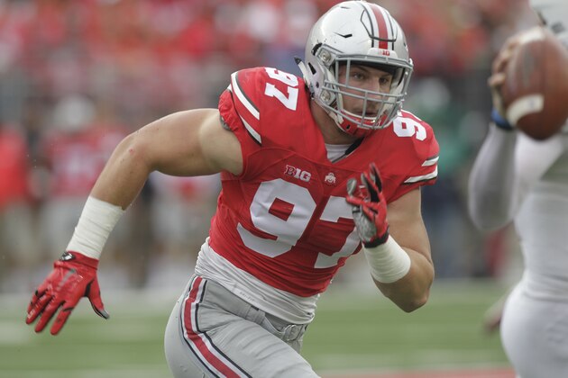 Ohio State defensive lineman Joey Bosa plays plays against Northern Illinois during an NCAA college football game Saturday, Sept. 19, 2015, in Columbus, Ohio. (AP Photo/Jay LaPrete)