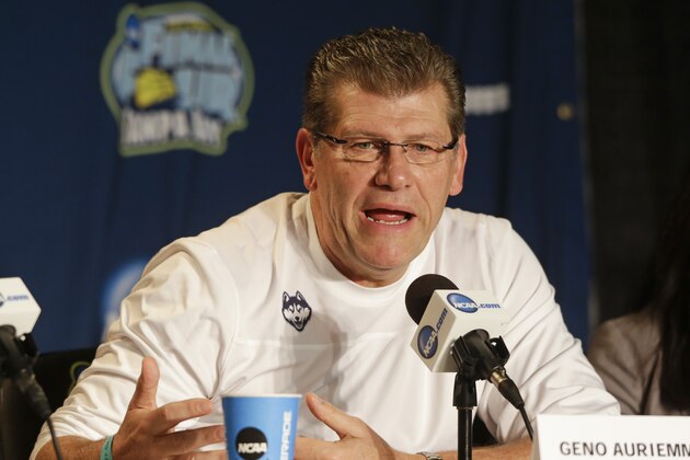 Connecticut head coach Geno Auriemma makes commments during a news conference at the NCAA Women's Final Four college basketball tournament, Monday, April 6, 2015, in Tampa, Fla.  Connecticut will play Notre Dame in the championship game on Tuesday. (AP Photo/John Raoux)