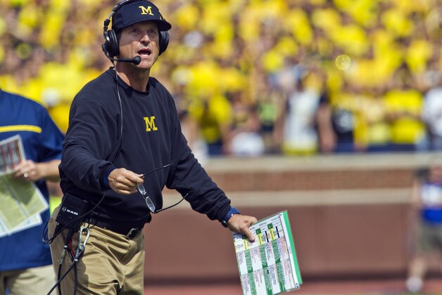 Michigan head coach Jim Harbaugh, wearing a headset and holding his reading glasses, gesture from the sideline in the first quarter of an NCAA college football game against BYU in Ann Arbor, Mich., Saturday, Sept. 26, 2015. (AP Photo/Tony Ding)
