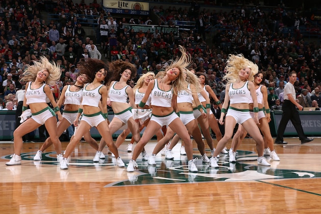 MILWAUKEE, WI - APRIL 25: The Milwaukee Bucks dance team performs during a game against the Chicago Bulls in Game Four of the Eastern Conference Quarterfinals during the 2015 NBA Playoffs on April 25, 2015 at the BMO Harris Bradley Center in Milwaukee, February. NOTE TO USER: User expressly acknowledges and agrees that, by downloading and or using this Photograph, user is consenting to the terms and conditions of the Getty Images License Agreement. Mandatory Copyright Notice: Copyright 2015 NBAE (Photo by Gary Dineen/NBAE via Getty Images)