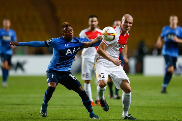 MONACO - OCTOBER 01:  Clinton N'Jie of Tottenham Hotspur and Andrea Raggi of Monaco battle for the ball during the UEFA Europa League group J match between AS Monaco FC and Tottenham Hotspur FC at Stade Louis II on October 1, 2015 in Monaco, Monaco.  (Photo by Julian Finney/Getty Images)