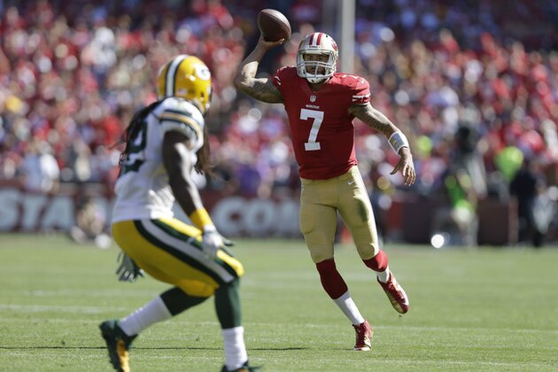 San Francisco 49ers quarterback Colin Kaepernick (7) is seen in action against the Green Bay Packers during the second half of an NFL football game in San Francisco, Sunday, Sept. 8, 2013. (AP Photo/Marcio Jose Sanchez)