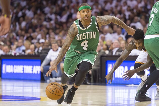 CLEVELAND, OH - APRIL 21: Isaiah Thomas #4 of the Boston Celtics drives in the second half against the Cleveland Cavaliers during Game Two in the Eastern Conference Quarterfinals of the 2015 NBA Playoffs 2015 at Quicken Loans Arena on April 21, 2015 in Cleveland, Ohio. The Cavaliers defeated the Celtics 99-91. NOTE TO USER: User expressly acknowledges and agrees that, by downloading and or using this photograph, User is consenting to the terms and conditions of the Getty Images License Agreement. (Photo by Jason Miller/Getty Images)