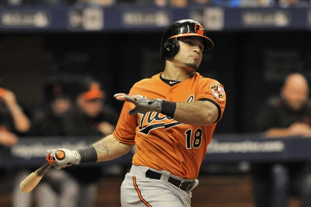 Baltimore Orioles' Gerardo Parra bats during a baseball game against the Tampa Bay Rays Saturday, Sept. 19, 2015, in St. Petersburg, Fla. (AP Photo/Steve Nesius)