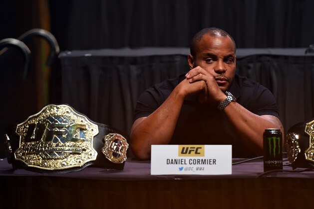 LAS VEGAS, NEVADA - SEPTEMBER 04:  UFC light heavyweight champion Daniel Cormier interacts with the media during the UFC's Go Big launch event inside MGM Grand Garden Arena on September 4, 2015 in Las Vegas, Nevada. (Photo by Jeff Bottari/Zuffa LLC/Zuffa LLC via Getty Images)