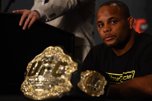 LAS VEGAS, NEVADA - MAY 23:  Daniel Cormier speaks to the media during the UFC 187 post-fight press conference inside the MGM Grand Hotel & Casino on May 23, 2015 in Las Vegas, Nevada. (Photo by Brandon Magnus/Zuffa LLC/Zuffa LLC via Getty Images)