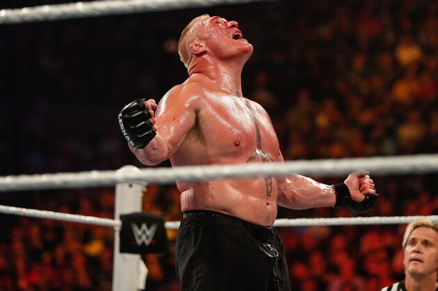 NEW YORK, NY - AUGUST 23:  Brock Lesnar in action during his fight against The Undertaker at the WWE SummerSlam 2015 at Barclays Center of Brooklyn on August 23, 2015 in New York City.  (Photo by JP Yim/Getty Images)