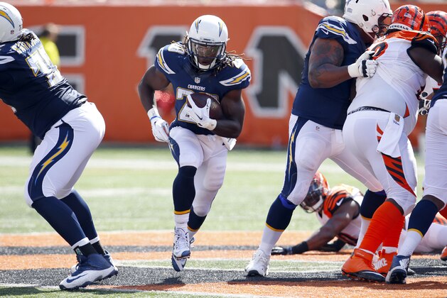 San Diego Chargers running back Melvin Gordon (28) runs the ball during an NFL football game against the Cincinnati Bengals in Cincinnati, Sunday, Sept. 20, 2015. (Jeff Haynes/AP Images for Panini)