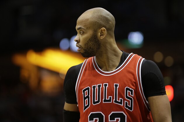 Chicago Bulls' Taj Gibson looks away during Game 4 of an NBA basketball first-round playoff series against the Milwaukee Bucks Saturday, April 25, 2015, in Milwaukee.