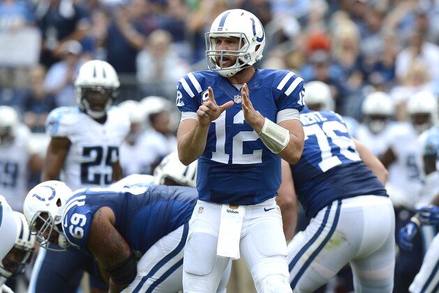 Indianapolis Colts quarterback Andrew Luck (12) calls a play against the Tennessee Titans in the second half of an NFL football game Sunday, Sept. 27, 2015, in Nashville, Tenn. The Colts won 35-33. (AP Photo/Mark Zaleski)