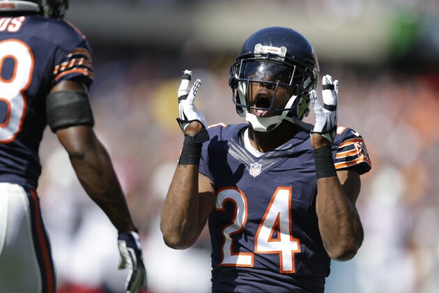Chicago Bears cornerback Alan Ball (24) reacts to a pass interference call against him during the first half of an NFL football game against the Arizona Cardinals, Sunday, Sept. 20, 2015, in Chicago. (AP Photo/Michael Conroy)