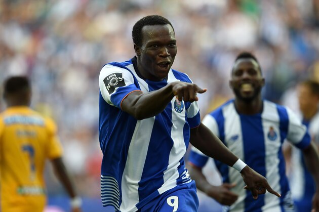 Porto's Cameroonian forward Vincent Aboubakar celebrates after scoring the opening goal during the Portuguese league football match FC Porto vs GD Estoril Praia at the Dragao stadium in Porto on August 29, 2015.  AFP PHOTO/ FRANCISCO LEONG        (Photo credit should read FRANCISCO LEONG/AFP/Getty Images)